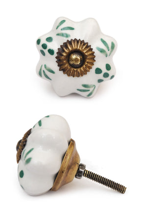 Flower Shaped White Ceramic Cabinet Knob With Green Print