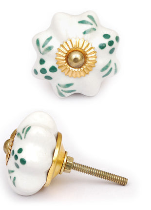 Flower Shaped White Ceramic Cabinet Knob With Green Print
