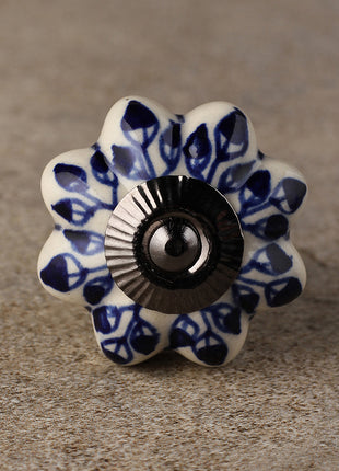 Blue Floral on White Hand Painted Ceramic Door Knob