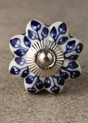 Blue Floral on White Hand Painted Ceramic Door Knob