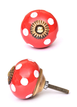 Red Round Cabinet Knob With White Polka Dots
