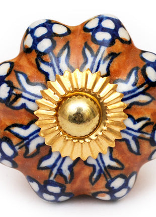 Brown Ceramic Knob With White Flowers