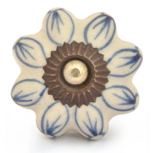 White Ceramic Drawer Knob With Beautifully Painted Blue Petals