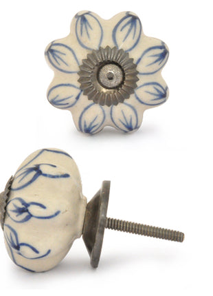 White Ceramic Drawer Knob With Beautifully Painted Blue Petals