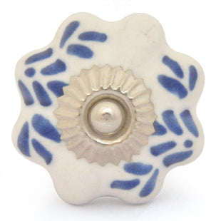 Elegant White Ceramic Drawer Knob With Blue Print