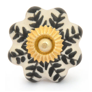Flower Shaped White Ceramic Door Knob With Black Designer Print