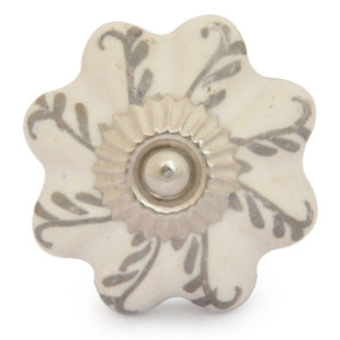White Base Flower Shaped Ceramic Knob With Silver Print