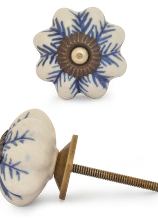 White Ceramic Drawer Knob With Blue Print