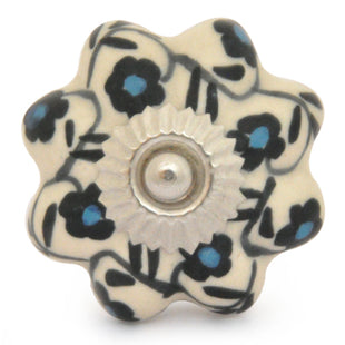 White Ceramic Flower Shaped Drawer Knob With Black Print