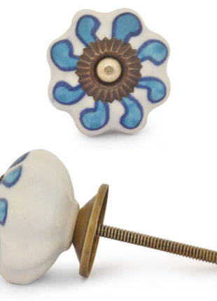 Flower Shaped White Ceramic Knob With Turquoise Flower