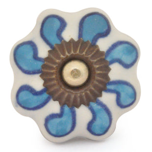 Flower Shaped White Ceramic Knob With Turquoise Flower