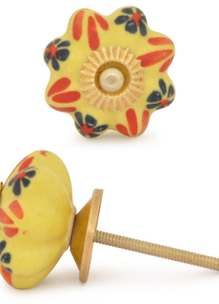Yellow Ceramic Drawer Knob With Multicolor Flower