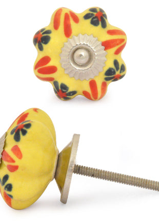 Yellow Ceramic Drawer Knob With Multicolor Flower
