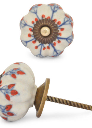 White Ceramic Drawer Knobs With Hand Painted Red And Blue Flower