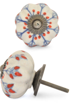 White Ceramic Drawer Knobs With Hand Painted Red And Blue Flower