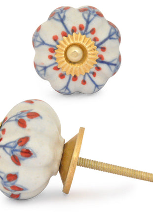 White Ceramic Drawer Knobs With Hand Painted Red And Blue Flower