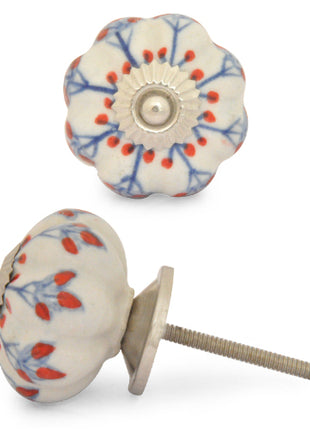 White Ceramic Drawer Knobs With Hand Painted Red And Blue Flower