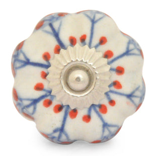 White Ceramic Drawer Knobs With Hand Painted Red And Blue Flower