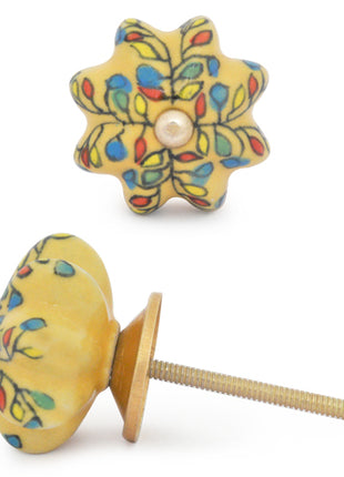 Yellow Flower Shaped Dresser Cabinet Knob With Multicolor Leaves