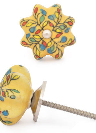 Yellow Flower Shaped Dresser Cabinet Knob With Multicolor Leaves