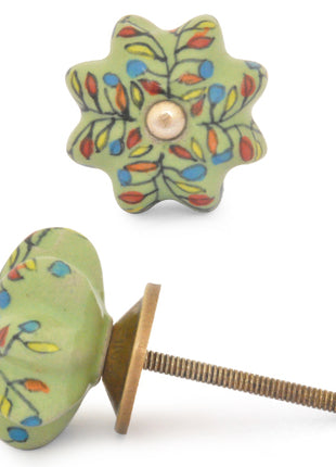Green Flower Shaped Dresser Cabinet Knob With Multicolor Leaves