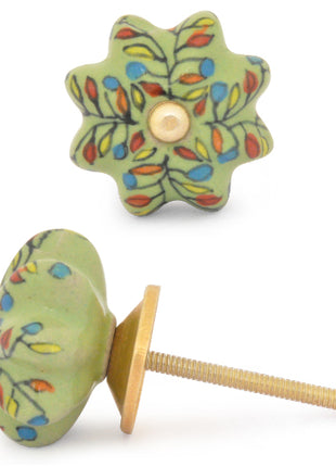 Green Flower Shaped Dresser Cabinet Knob With Multicolor Leaves