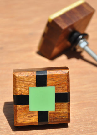 Wooden Square Drawer Knob With Black And Aqua Green Resin Design