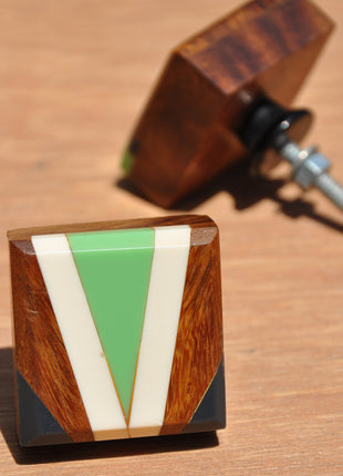 Stylish Wooden Square Drawer Knob With White And Aqua Green V Design
