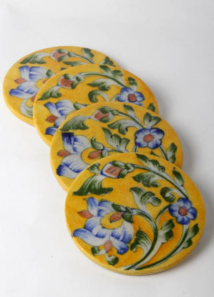 Yellow Coasters with blue flowers and leaves design set of 4 pieces
