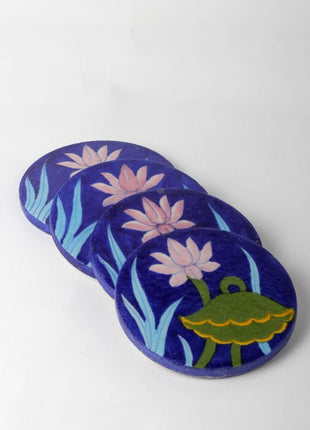 Lotus Flower design on blue base Coasters set of 4 pieces