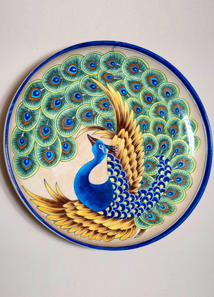 Set of 2 Vintage Hand Painted Handmade Blue Pottery Peacock Design Wall Hanging Decorative Plate, National Bird of India, Wall Decor