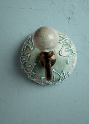Decorative Teal Embossed Ceramic Round Coat Hook