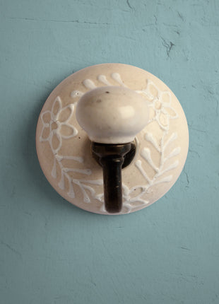 Decorative Offwhite Embossed Ceramic Round Coat Hook