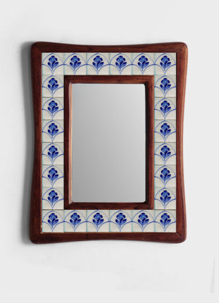 Stylish Blue And White Tile Mirror On Sagwan Wooden Frame