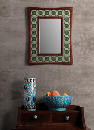 Green And White Ceramic Tile Mirror With Wooden Frame