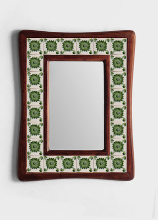 Green And White Ceramic Tile Mirror With Wooden Frame