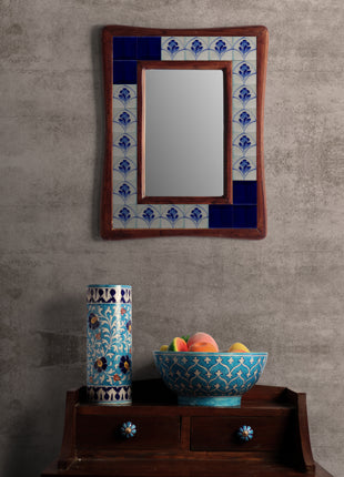 Blue Solid And Floral Tile Mirror On Sagwan Wooden Frame