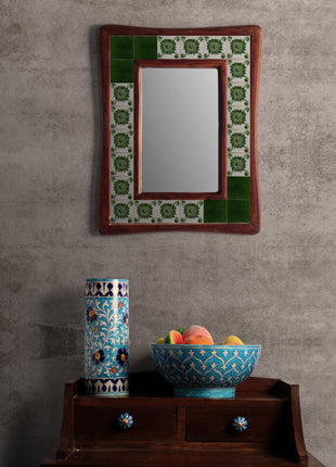 Green Solid And Floral Tile Mirror On Wooden Frame
