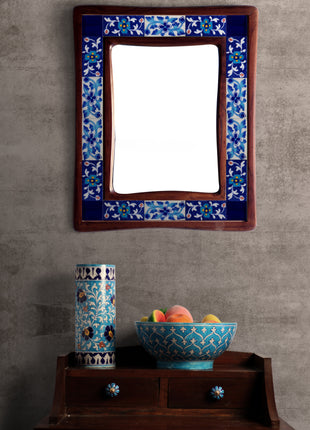 Antique Floral Blue And White Tile Mirror On Wooden Frame