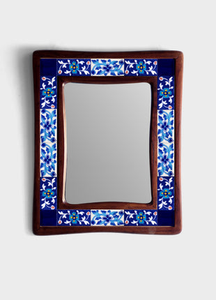 Antique Floral Blue And White Tile Mirror On Wooden Frame