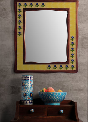 Yellow Tile With Blue Flowers Tile Mirror On Sagwan Wooden Frame