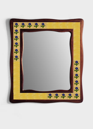 Yellow Tile With Blue Flowers Tile Mirror On Sagwan Wooden Frame