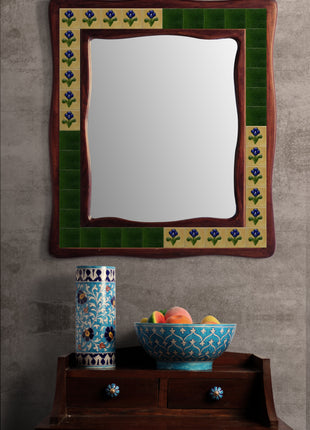 Solid Green With Blue Flowers On Yellow Tile Mirror
