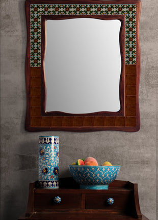 Brown Sagwan Wooden Tile Mirror With Green Design