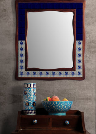 White And Blue Floral Design On White Tile Mirror In Wooden Frame