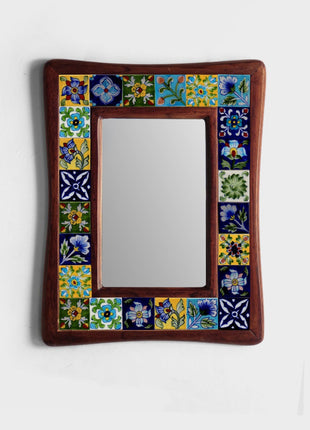 Assorted Random Colorful Handmade Blue Pottery Tiles Wall Hanging Wooden Mirror, Ceramic Tile Mirror Wall Decor, Bathroom Mirror Wall Decor 21 by 25 inches