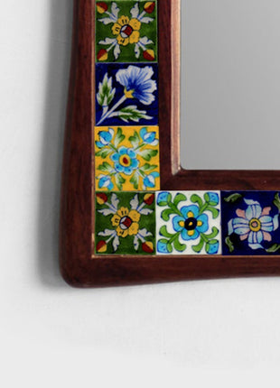 Assorted Random Colorful Handmade Blue Pottery Tiles Wall Hanging Wooden Mirror, Ceramic Tile Mirror Wall Decor, Bathroom Mirror Wall Decor 21 by 25 inches