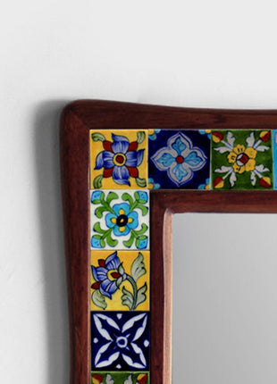 Assorted Handmade Blue Pottery Tiles Wall Hanging Wooden Mirror - 21 by 25 inches