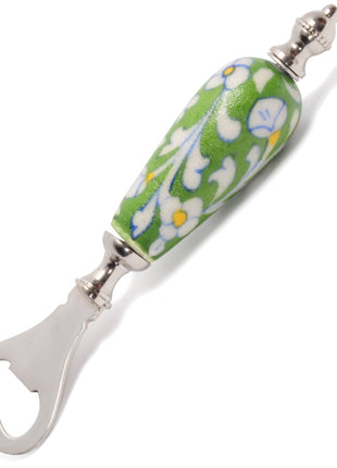 White Leaves and Flowers With Green Base Bottle Opener