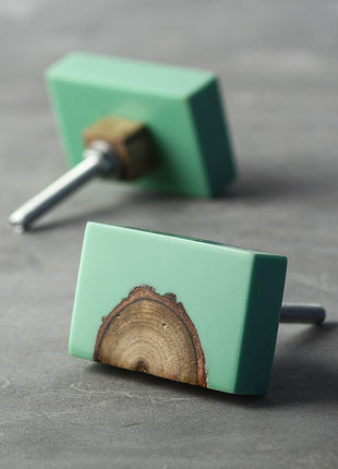 Vintage Sea Green And Wooden Resin Rectangular Shaped Cupboard Knob